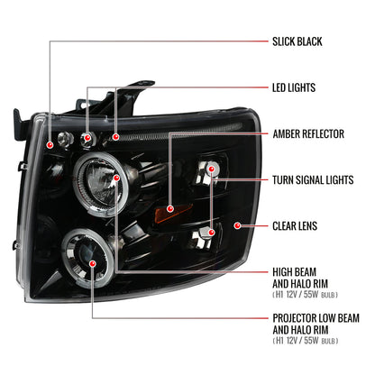 2007-2013 Chevrolet Silverado 1500/ 2007-2014 Silverado 2500HD 3500HD Dual Halo Projector Headlights (Jet Black Housing/Clear Lens)