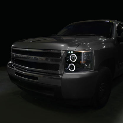 2007-2013 Chevrolet Silverado 1500/ 2007-2014 Silverado 2500HD 3500HD Dual Halo Projector Headlights (Jet Black Housing/Clear Lens)