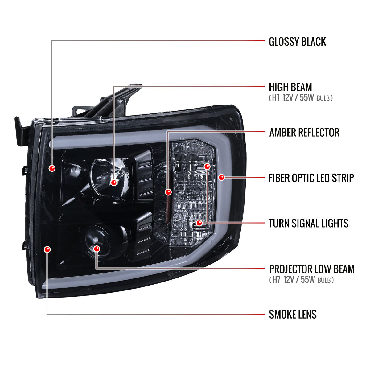 2007-2013 Chevrolet Silverado 1500/ 2007-2014 Silverado 2500HD 3500HD  LED C-Bar Projector Headlights (Glossy Black Housing/Smoked Lens)