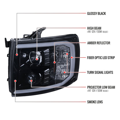 2007-2013 Chevrolet Silverado 1500/ 2007-2014 Silverado 2500HD 3500HD  LED C-Bar Projector Headlights (Glossy Black Housing/Smoked Lens)