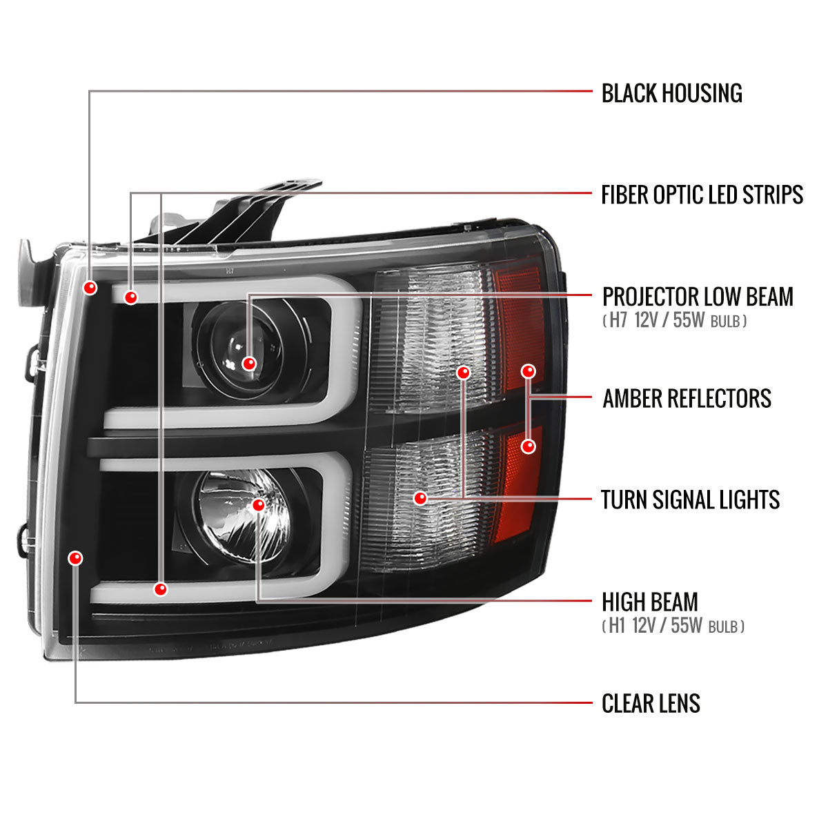 2007-2013 Chevrolet Silverado 1500/ 2007-2014 Silverado 2500HD 3500HD Dual LED C-Bar Projector Headlights (Matte Black Housing/Clear Lens)