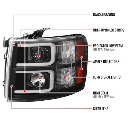 2007-2013 Chevrolet Silverado 1500/ 2007-2014 Silverado 2500HD 3500HD Dual LED C-Bar Projector Headlights (Matte Black Housing/Clear Lens)