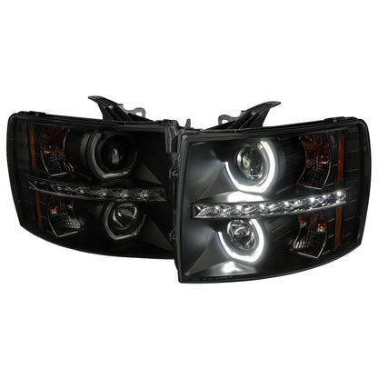 2007-2013 Chevrolet Silverado 1500/ 2007-2014 Silverado 2500HD 3500HD Dual U-Ring Halo Projector Headlights w/ LED Light Strip (Matte Black Housing/Smoked Lens)