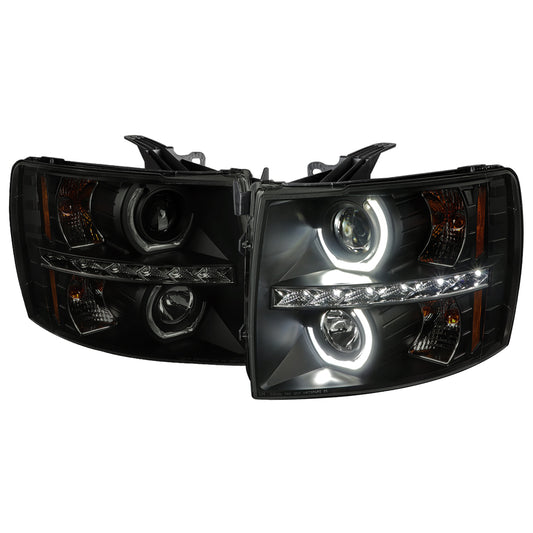 2007-2013 Chevrolet Silverado 1500/ 2007-2014 Silverado 2500HD 3500HD Dual U-Ring Halo Projector Headlights w/ LED Light Strip (Matte Black Housing/Smoked Lens)