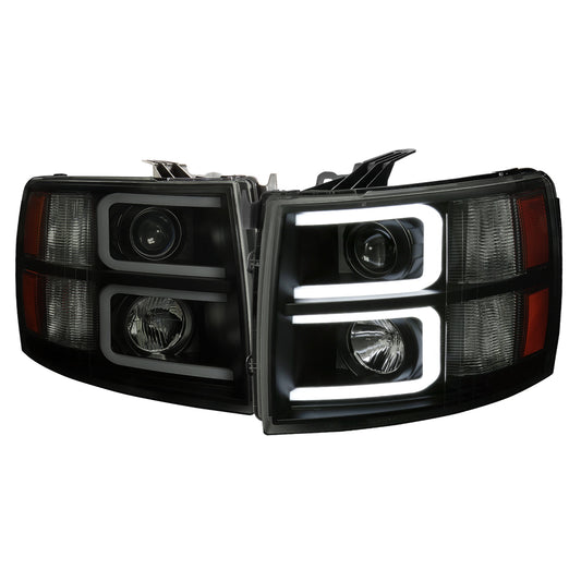 2007-2013 Chevrolet Silverado 1500/ 2007-2014 Silverado 2500HD 3500HD Dual LED C-Bar Projector Headlights (Black Housing/Smoked Lens)