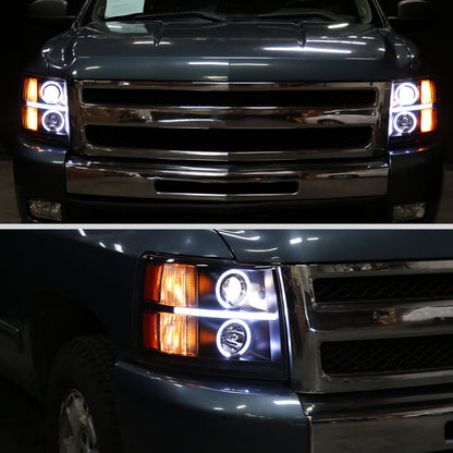 2007-2013 Chevrolet Silverado 1500 2500 3500 LED Strip Dual Halo Projector Headlights (Matte Black Housing/Smoked Lens)