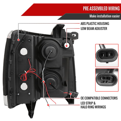 2007-2013 Chevrolet Silverado 1500 2500 3500 LED Strip Dual Halo Projector Headlights (Matte Black Housing/Smoked Lens)