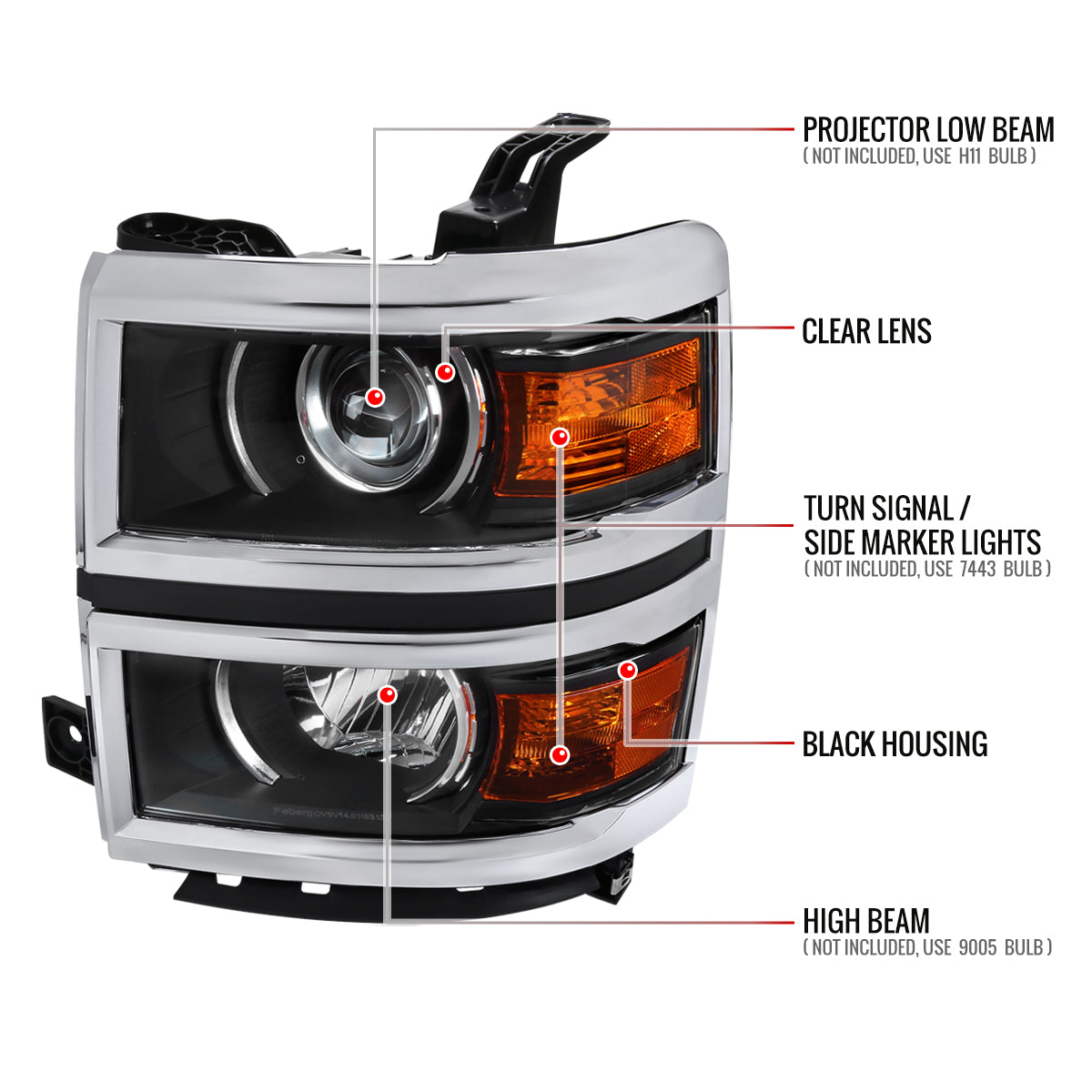 2014-2017 Chevrolet Silverado 1500 Projector Headlights (Matte Black Housing/Chrome Trim/Clear Lens)