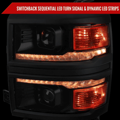 2014-2015 Chevrolet Silverado 1500 Switchback Sequential LED Bar Projector Headlights (Matte Black Housing/Clear Lens/Black Trim)