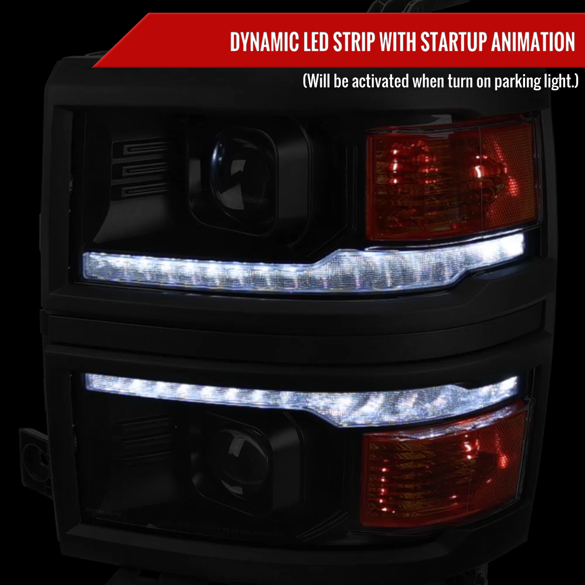 2014-2015 Chevrolet Silverado 1500 Switchback Sequential LED Bar Projector Headlights (Matte Black Housing/Clear Lens/Black Trim)
