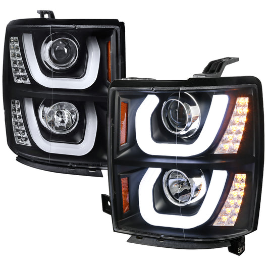 2014-2015 Chevrolet Silverado 1500 LED U-Bar Projector Headlights w/ LED Turn Signal Lights (Matte Black Housing/Clear Lens)