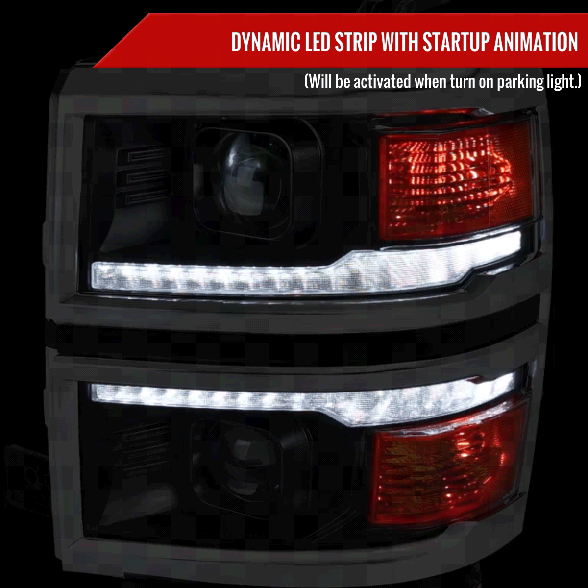 2014-2015 Chevrolet Silverado 1500 Switchback Sequential LED Bar Projector Headlights (Matte Black Housing/Smoked Lens/Chrome Trim)