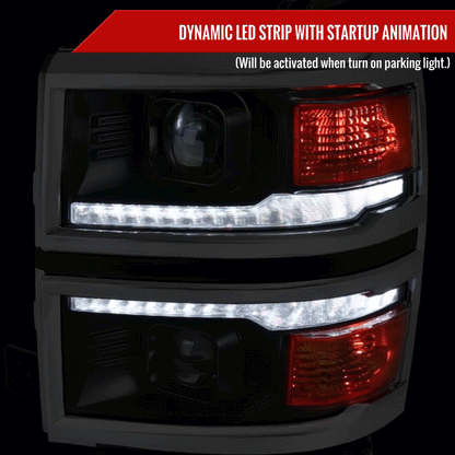 2014-2015 Chevrolet Silverado 1500 Switchback Sequential LED Bar Projector Headlights (Matte Black Housing/Smoked Lens/Chrome Trim)