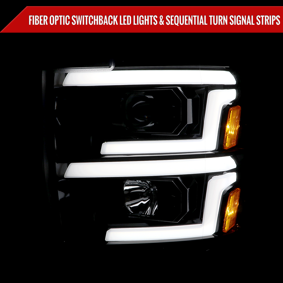 2015-2019 Chevrolet Silverado 2500HD/3500HD Switchback Sequential LED Turn Signal Projector Headlights (Glossy Black Housing/Smoked Lens)