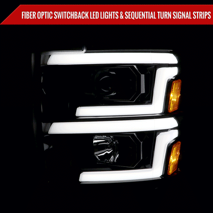 2015-2019 Chevrolet Silverado 2500HD/3500HD Switchback Sequential LED Turn Signal Projector Headlights (Matte Black Housing/Clear Lens)