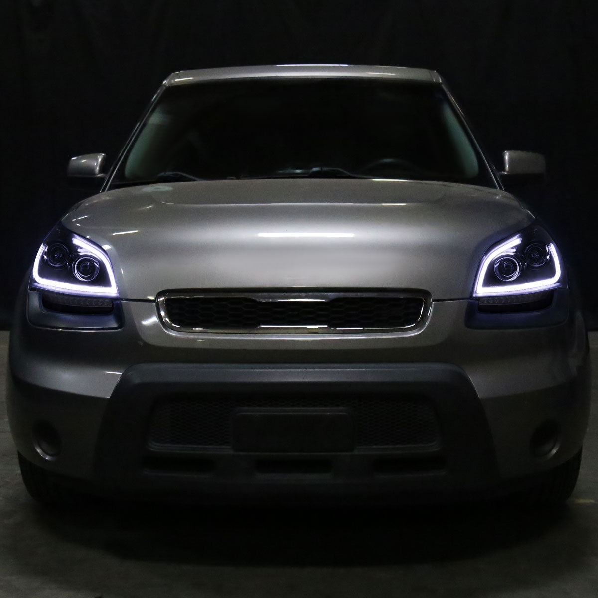 2010-2011 Kia Soul Projector Headlights w/ LED Light Bar & LED Turn Signal Lights (Glossy Black Housing/Smoked Lens)