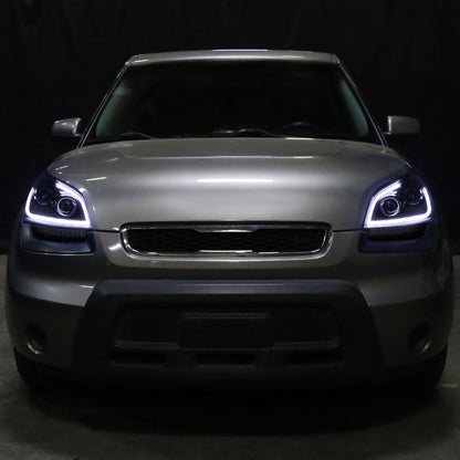 2010-2011 Kia Soul Projector Headlights w/ LED Light Bar & LED Turn Signal Lights (Glossy Black Housing/Smoked Lens)