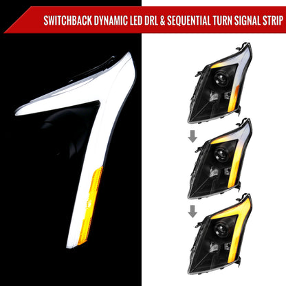 2010-2016 Cadillac SRX Projector Headlights w/ Switchback Sequential Turn Signal LED Bar (Matte Black Housing/Clear Lens)