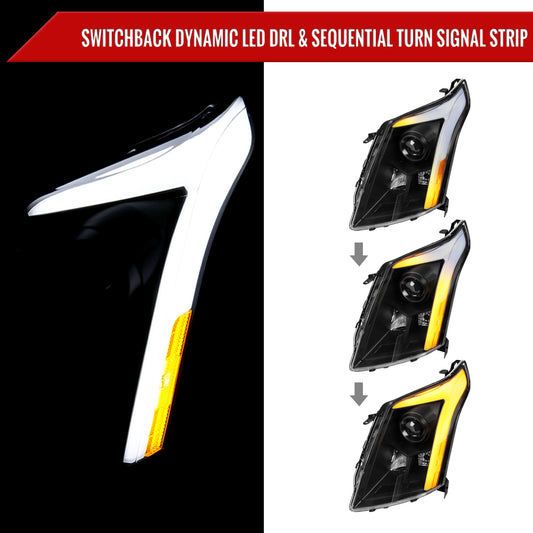 2010-2016 Cadillac SRX Projector Headlights w/ Switchback Sequential Turn Signal LED Bar (Matte Black Housing/Clear Lens)