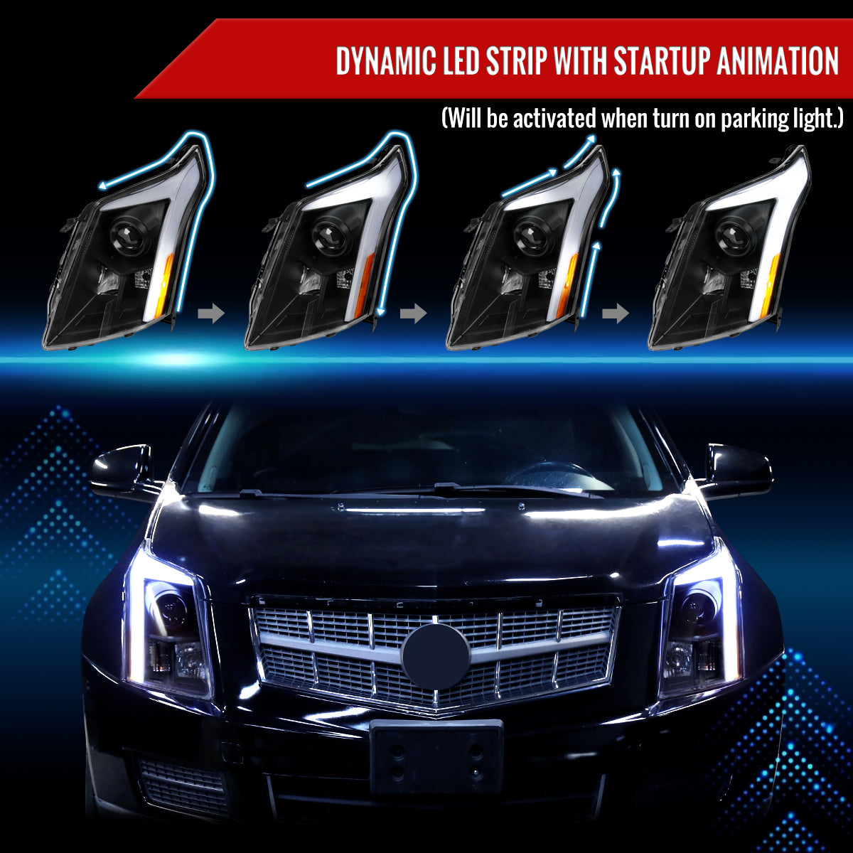 2010-2016 Cadillac SRX Projector Headlights w/ Switchback Sequential Turn Signal LED Bar (Matte Black Housing/Clear Lens)