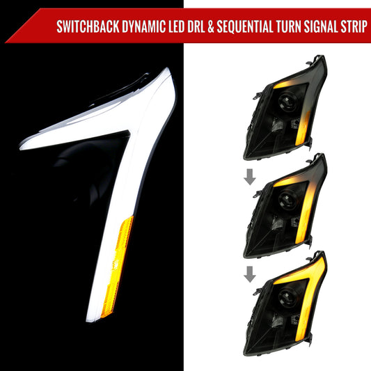 2010-2016 Cadillac SRX Projector Headlights w/ Switchback Sequential Turn Signal LED Bar (Matte Black Housing/Smoked Lens)