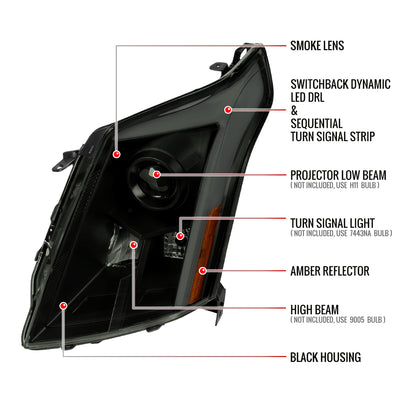 2010-2016 Cadillac SRX Projector Headlights w/ Switchback Sequential Turn Signal LED Bar (Matte Black Housing/Smoked Lens)