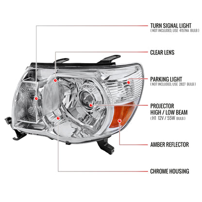 2005-2011 Toyota Tacoma Retro Style Projector Headlights (Chrome Housing/Clear Lens)
