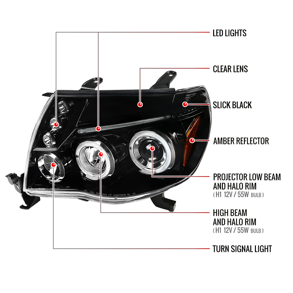 2005-2011 Toyota Tacoma Dual Halo Projector Headlights (Jet Black Housing/Clear Lens)