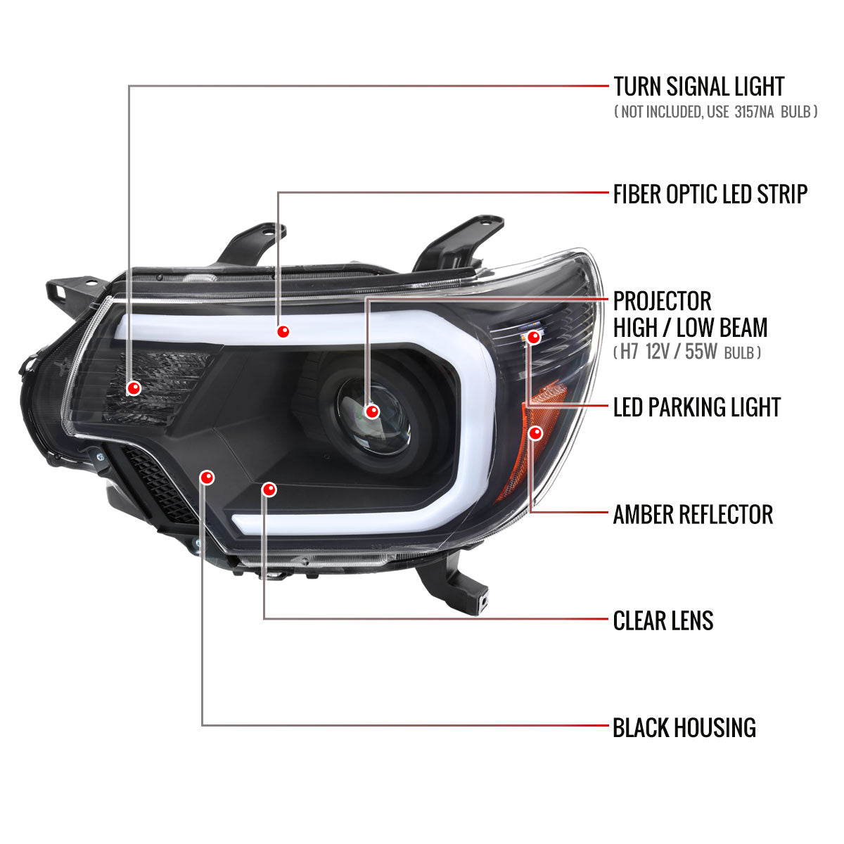 2012-2015 Toyota Tacoma LED C-Bar Projector Headlights w/ LED Parking Light (Matte Black Housing/Clear Lens)