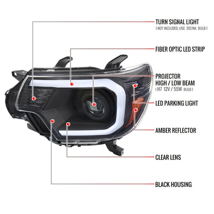 2012-2015 Toyota Tacoma LED C-Bar Projector Headlights w/ LED Parking Light (Matte Black Housing/Clear Lens)