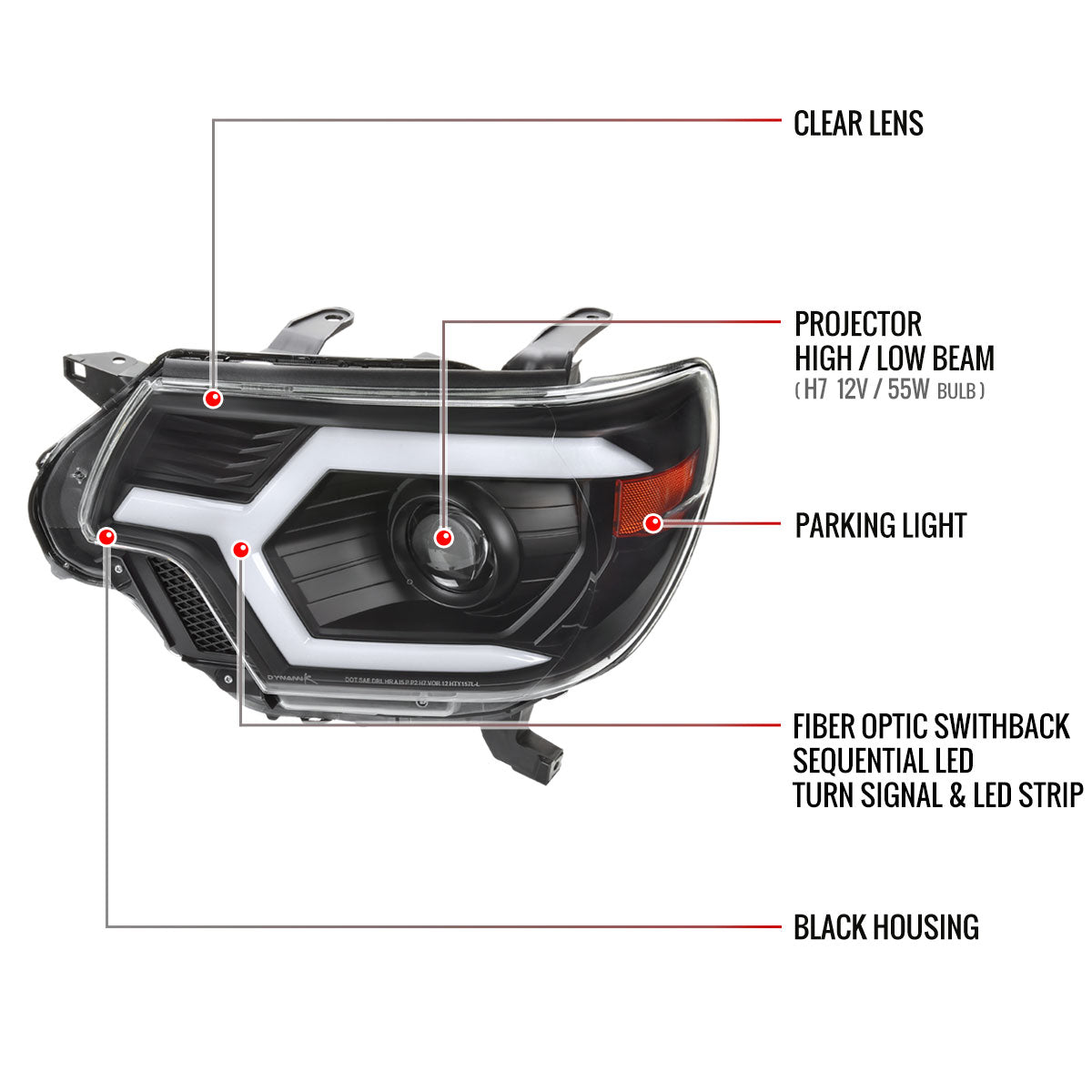 2012-2015 Toyota Tacoma Switchback Sequential LED Bar Projector Headlights (Matte Black Housing/Clear Lens)