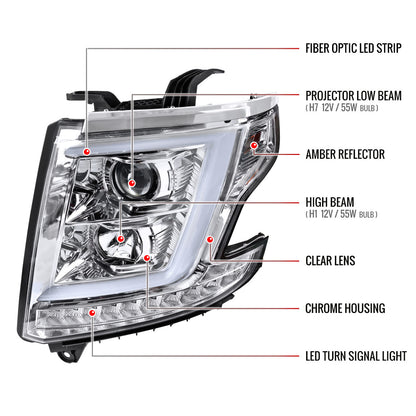 2015-2020 Chevrolet Tahoe Suburban/ 2016-2019 Suburban 3500HD LED C-Bar Projector Headlights w/ LED Turn Signal Lights (Chrome Housing/Clear Lens)