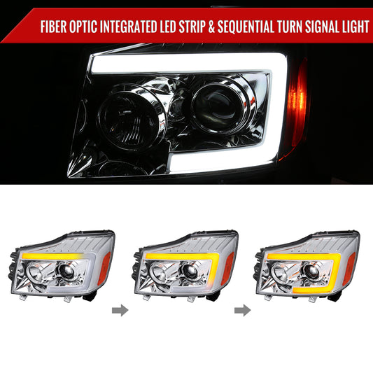 2004-2015 Nissan Titan / 2004-2007 Armada LED C-Bar Projector Headlights w/ Switchback Sequential Turn Signals (Chrome Housing/Clear Lens)