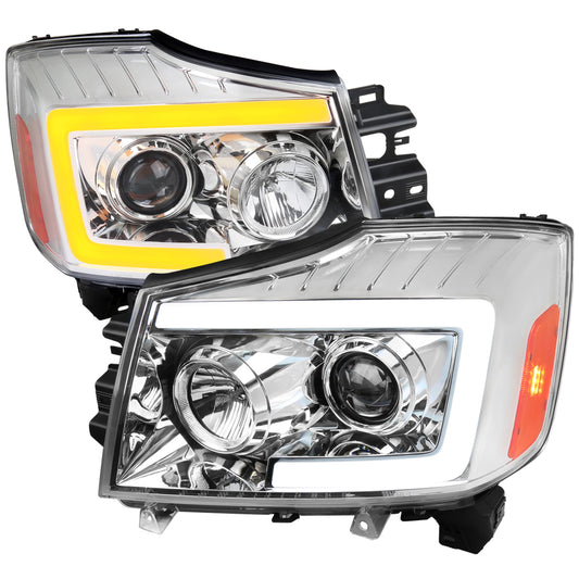2004-2015 Nissan Titan / 2004-2007 Armada LED C-Bar Projector Headlights w/ Switchback Sequential Turn Signals (Chrome Housing/Clear Lens)