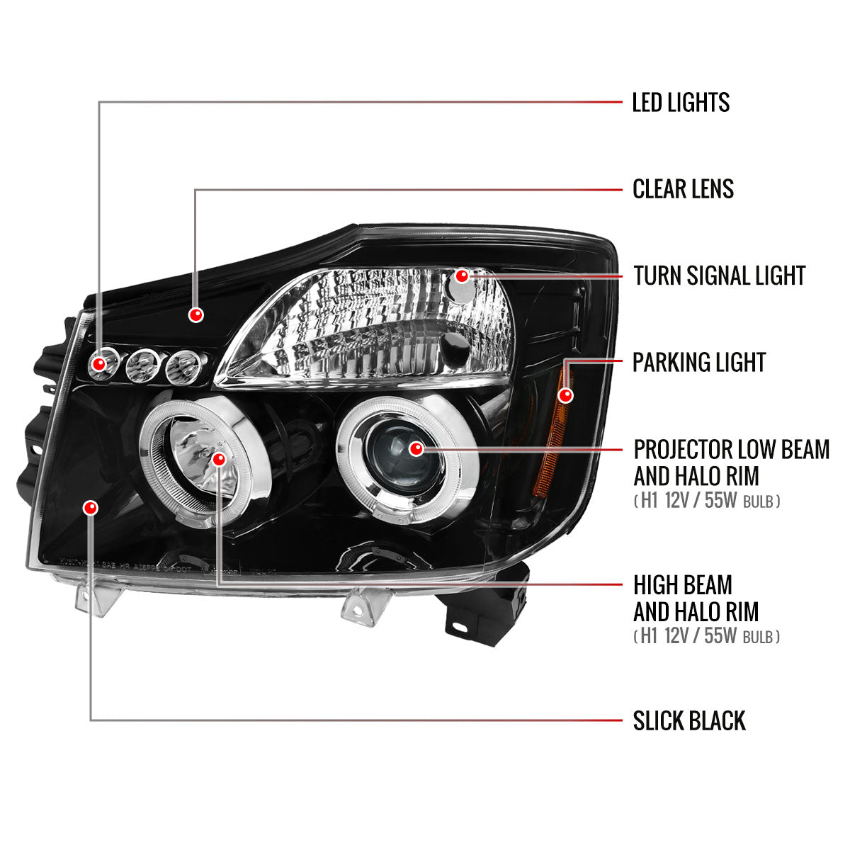 2004-2015 Nissan Titan/ 2004-2007 Armada Dual Halo Projector Headlights (Jet Black Housing/Clear Lens)