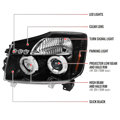 2004-2015 Nissan Titan/ 2004-2007 Armada Dual Halo Projector Headlights (Jet Black Housing/Clear Lens)