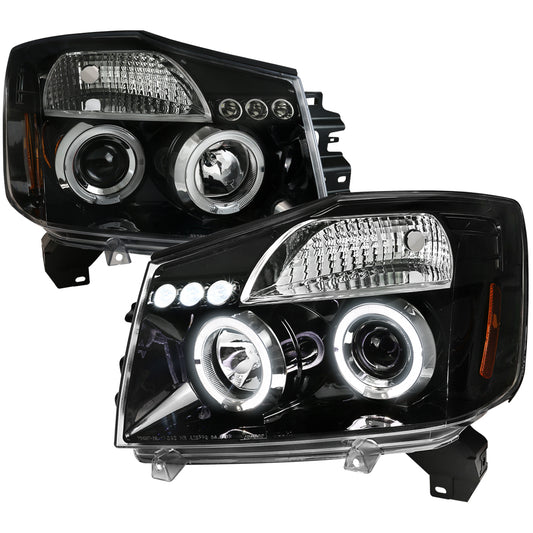 2004-2015 Nissan Titan/ 2004-2007 Armada Dual Halo Projector Headlights (Jet Black Housing/Clear Lens)