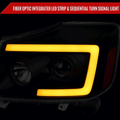 2004-2015 Nissan Titan / 2004-2007 Armada LED C-Bar Projector Headlights w/ Switchback Sequential Turn Signals (Matte Black Housing/Clear Lens)