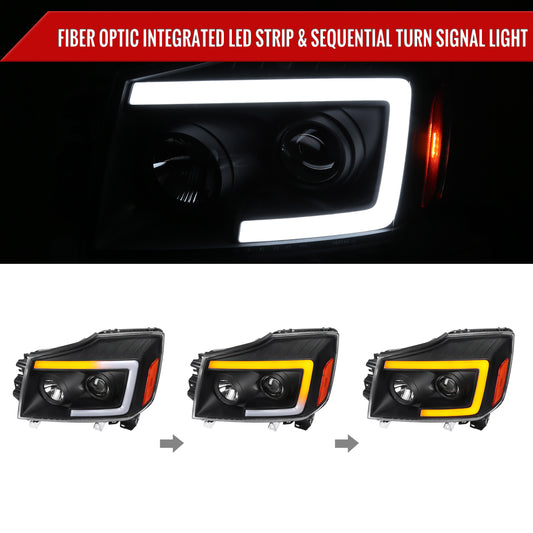 2004-2015 Nissan Titan / 2004-2007 Armada LED C-Bar Projector Headlights w/ Switchback Sequential Turn Signals (Matte Black Housing/Clear Lens)