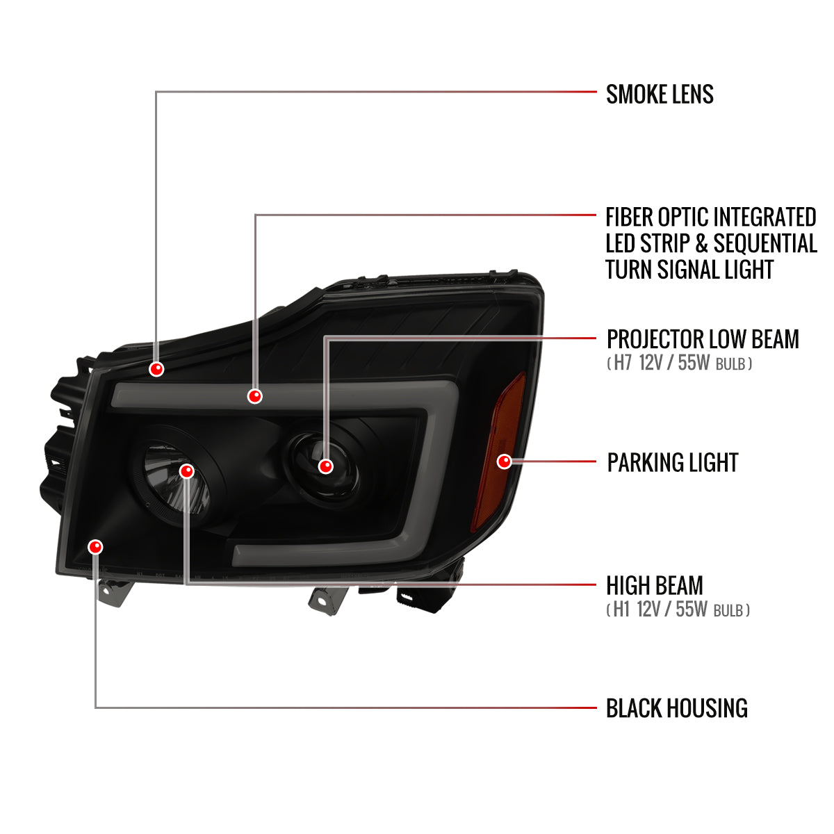 2004-2015 Nissan Titan/ 2004-2007 Armada LED C-Bar Projector Headlights w/ Switchback Sequential Turn Signals (Black Housing/Smoked Lens)