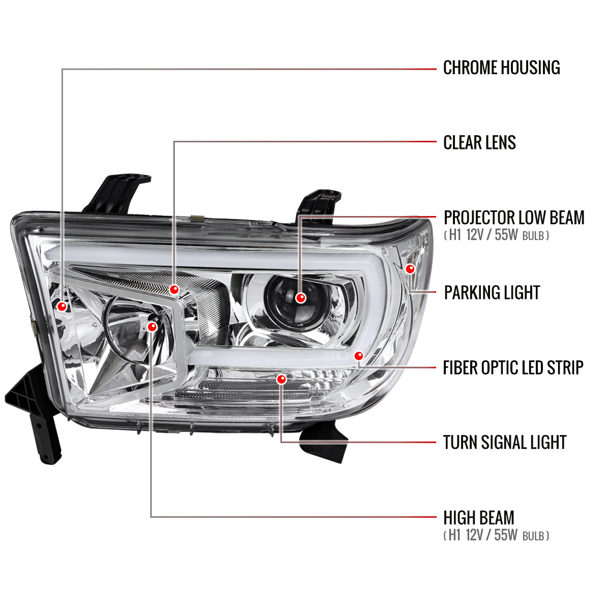 2007-2013 Toyota Tundra/ 2008-2017 Sequoia LED C-Bar Projector Headlights (Chrome Housing/Clear Lens)