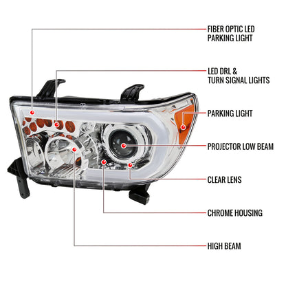 2007-2013 Toyota Tundra/2008-2017 Sequoia Retro Style LED Tube Projector Headlights with LED Turn Signals (Chrome Housing/Clear Lens)