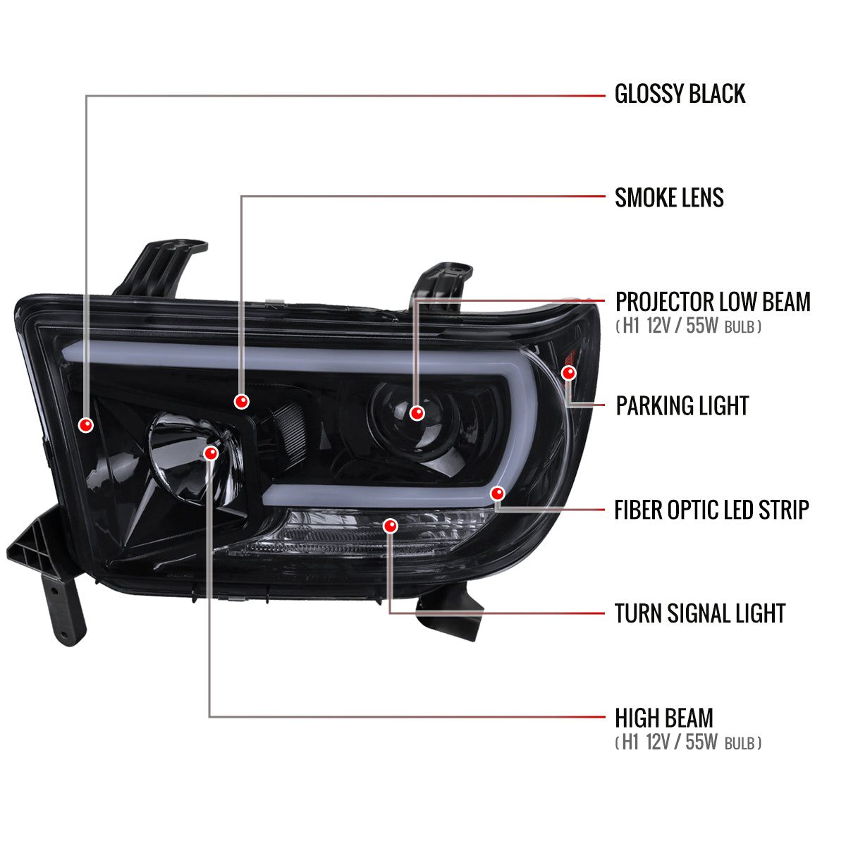 2007-2013 Toyota Tundra/ 2008-2017 Sequoia LED C-Bar Projector Headlights (Glossy Black Housing/Smoked Lens)
