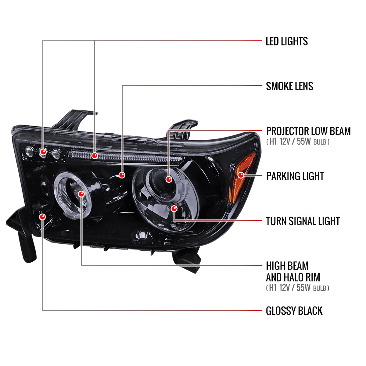 2007-2013 Toyota Tundra/ 2008-2017 Sequoia Single Halo Projector Headlights (Glossy Black Housing/Smoked Lens)
