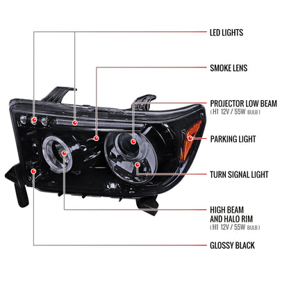 2007-2013 Toyota Tundra/ 2008-2017 Sequoia Single Halo Projector Headlights (Glossy Black Housing/Smoked Lens)