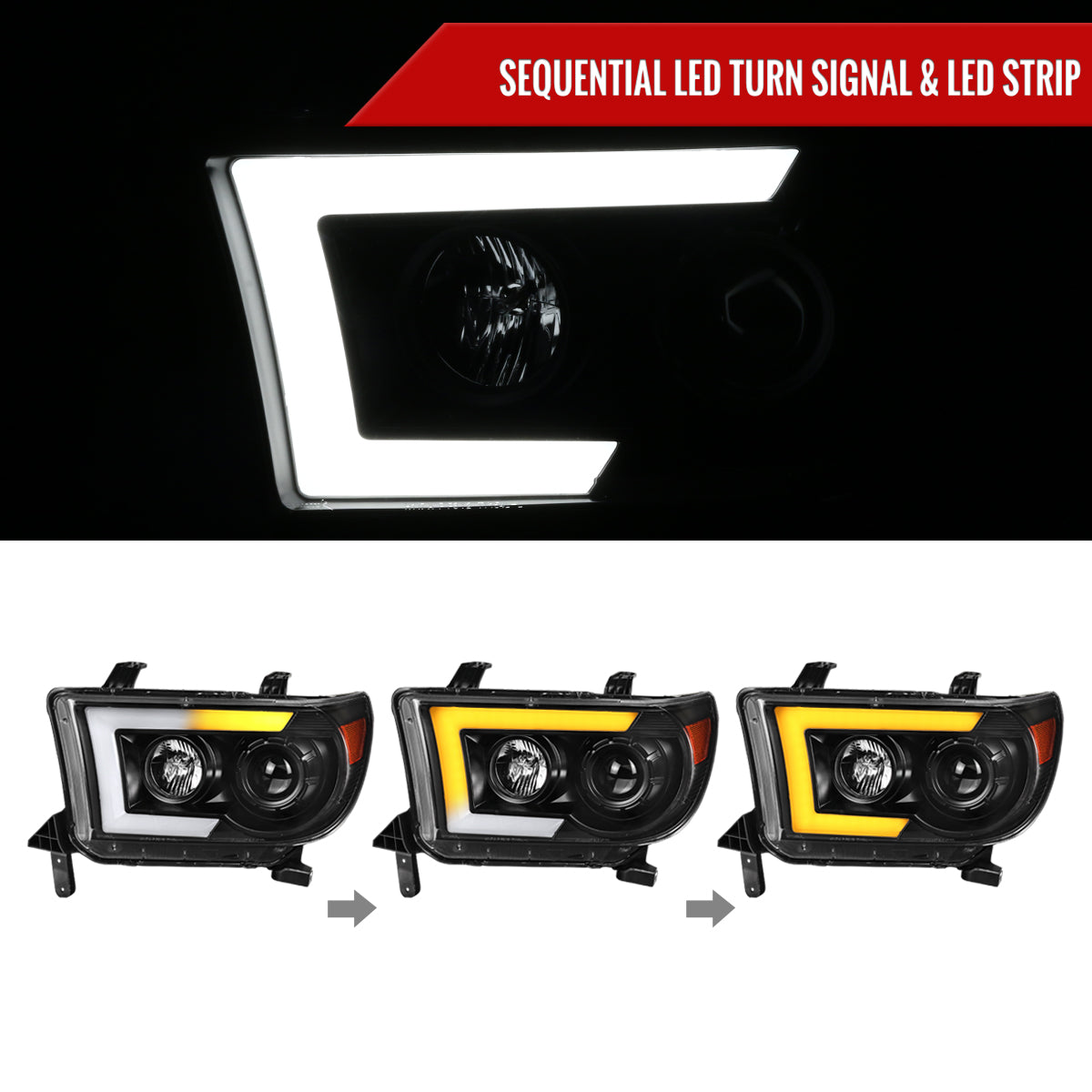 2007-2013 Toyota Tundra/ 2008-2017 Sequoia LED C-Bar Projector Headlights w/ Switchback Sequential Turn Signals (Matte Black Housing/Clear Lens)