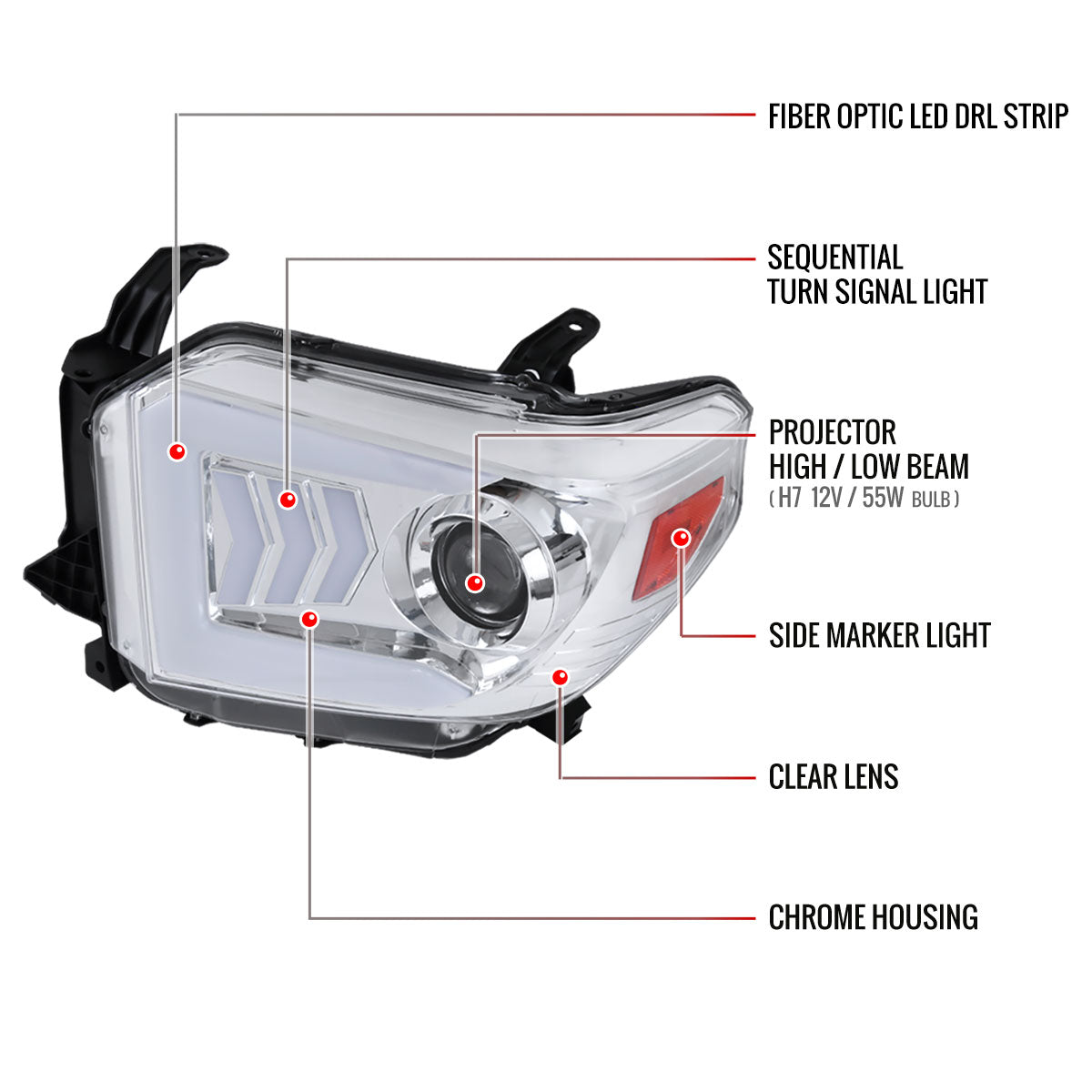 2014-2021 Toyota Tundra LED C-Bar Projector Headlights w/ Sequential Arrow Turn Signals (Chrome Housing/Clear Lens)