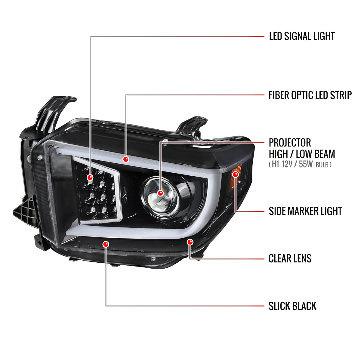 2014-2021 Toyota Tundra LED C-Bar Projector Headlights w/ LED Turn Signal Lights  (Glossy Black Housing/Clear Lens)