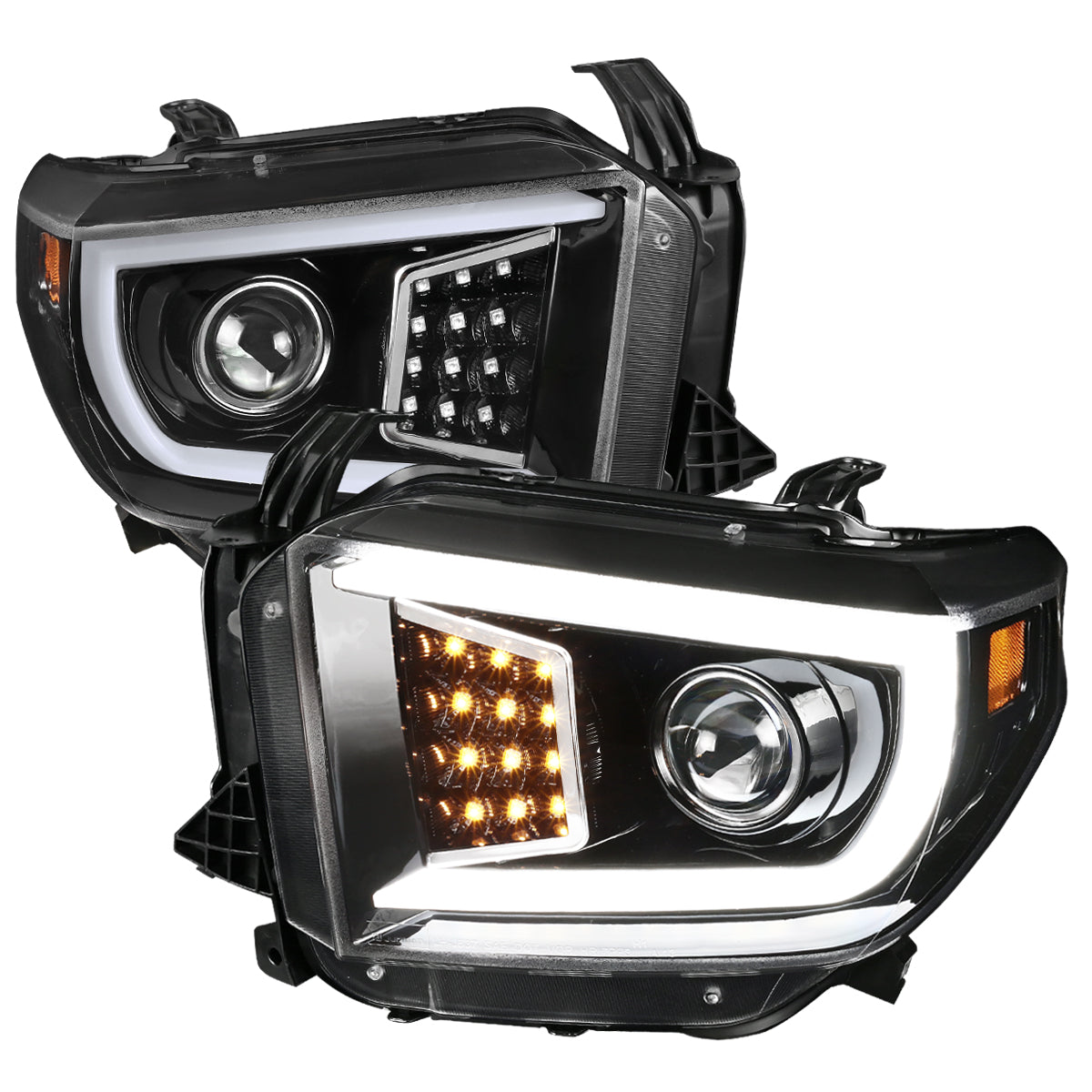 2014-2021 Toyota Tundra LED C-Bar Projector Headlights w/ LED Turn Signal Lights  (Glossy Black Housing/Clear Lens)