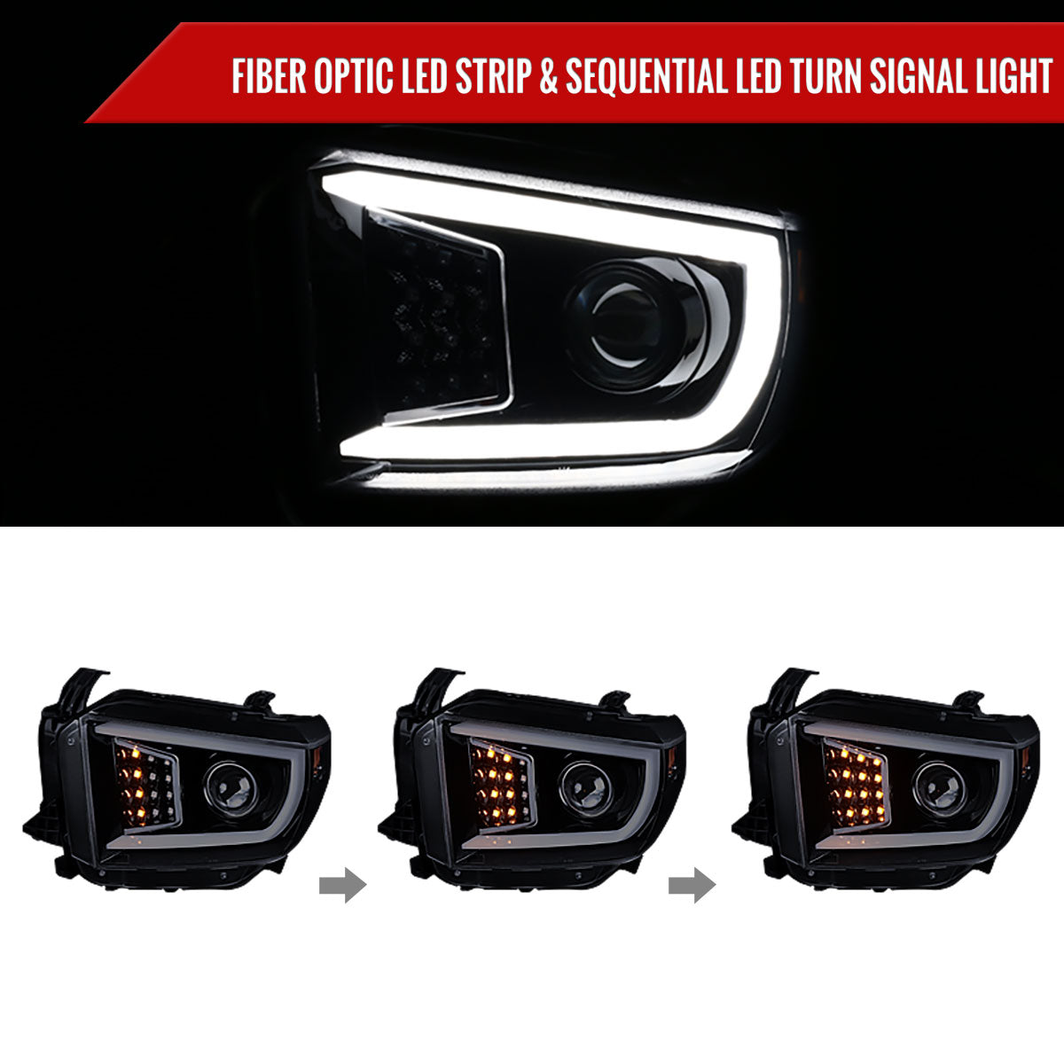 2014-2021 Toyota Tundra LED C-Bar Projector Headlights w/ Sequential Turn Signal Lights (Glossy Black Housing/Smoked Lens)